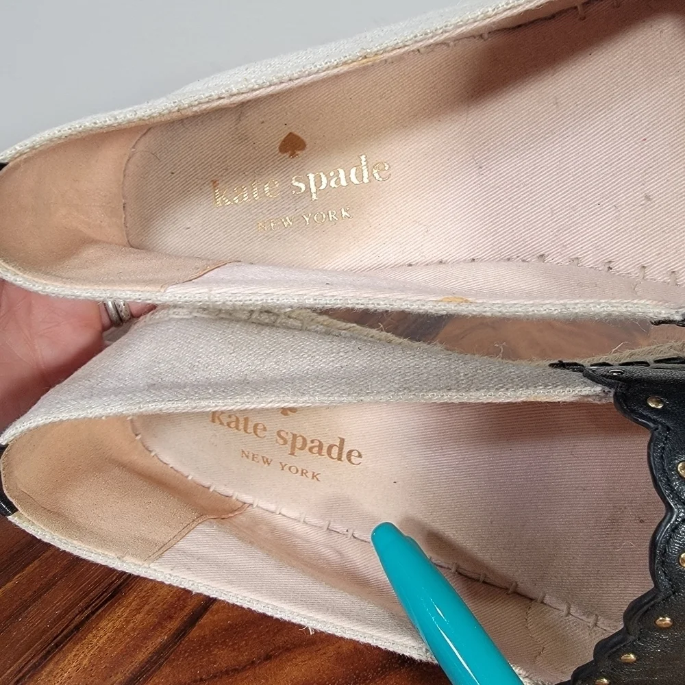 Kate Spade Gardenia Black Leather and Cream Espadrilles Size 8 Scalloped Summer